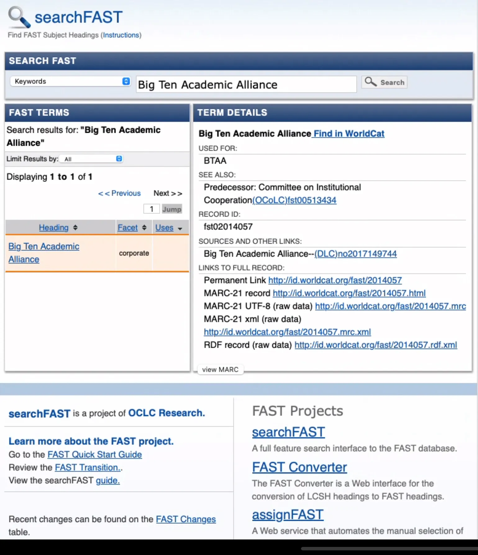 OCLC fast screenshot