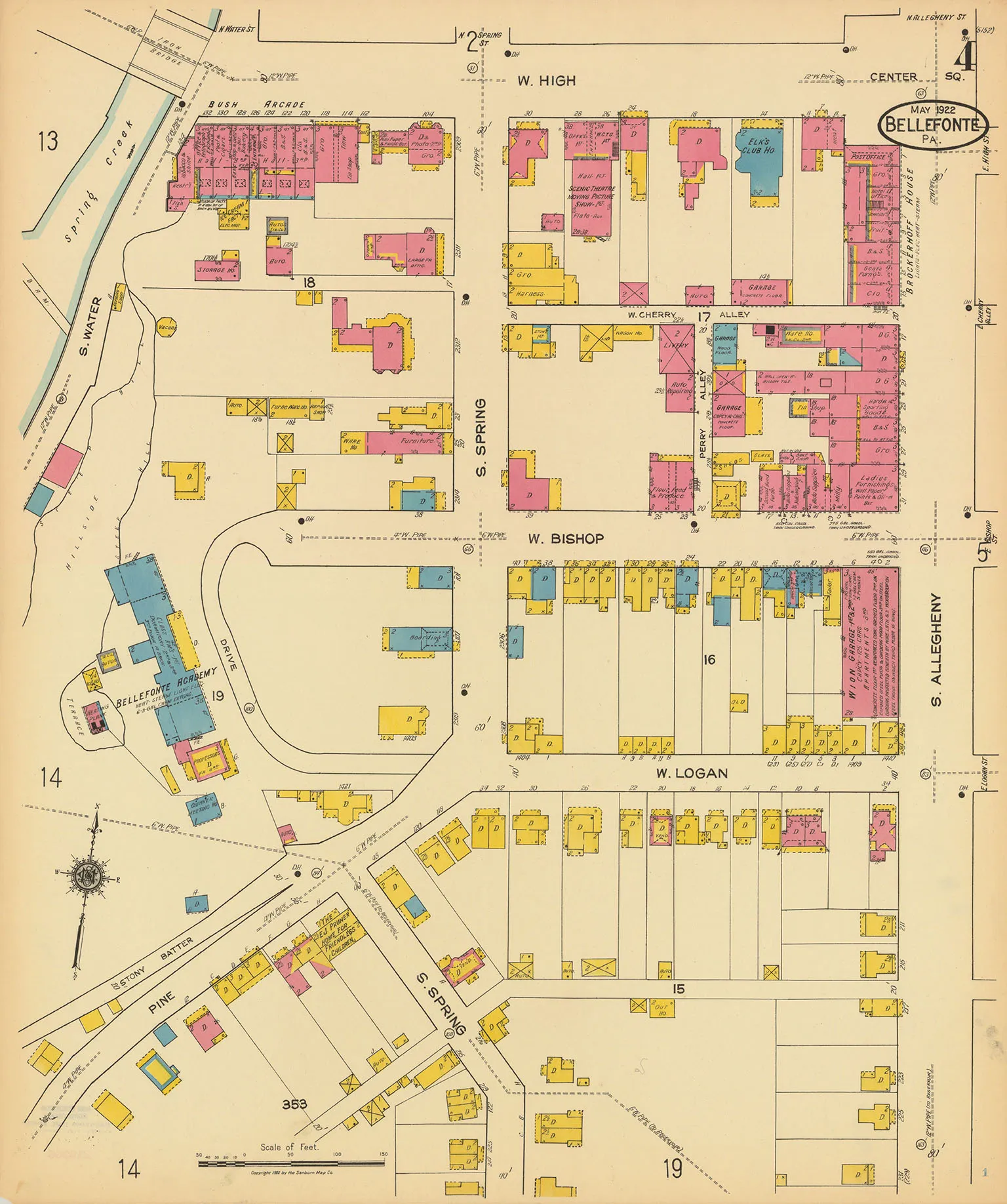 A section of the 1922 Sanborn Fire Insurance map for Bellefonte, PA