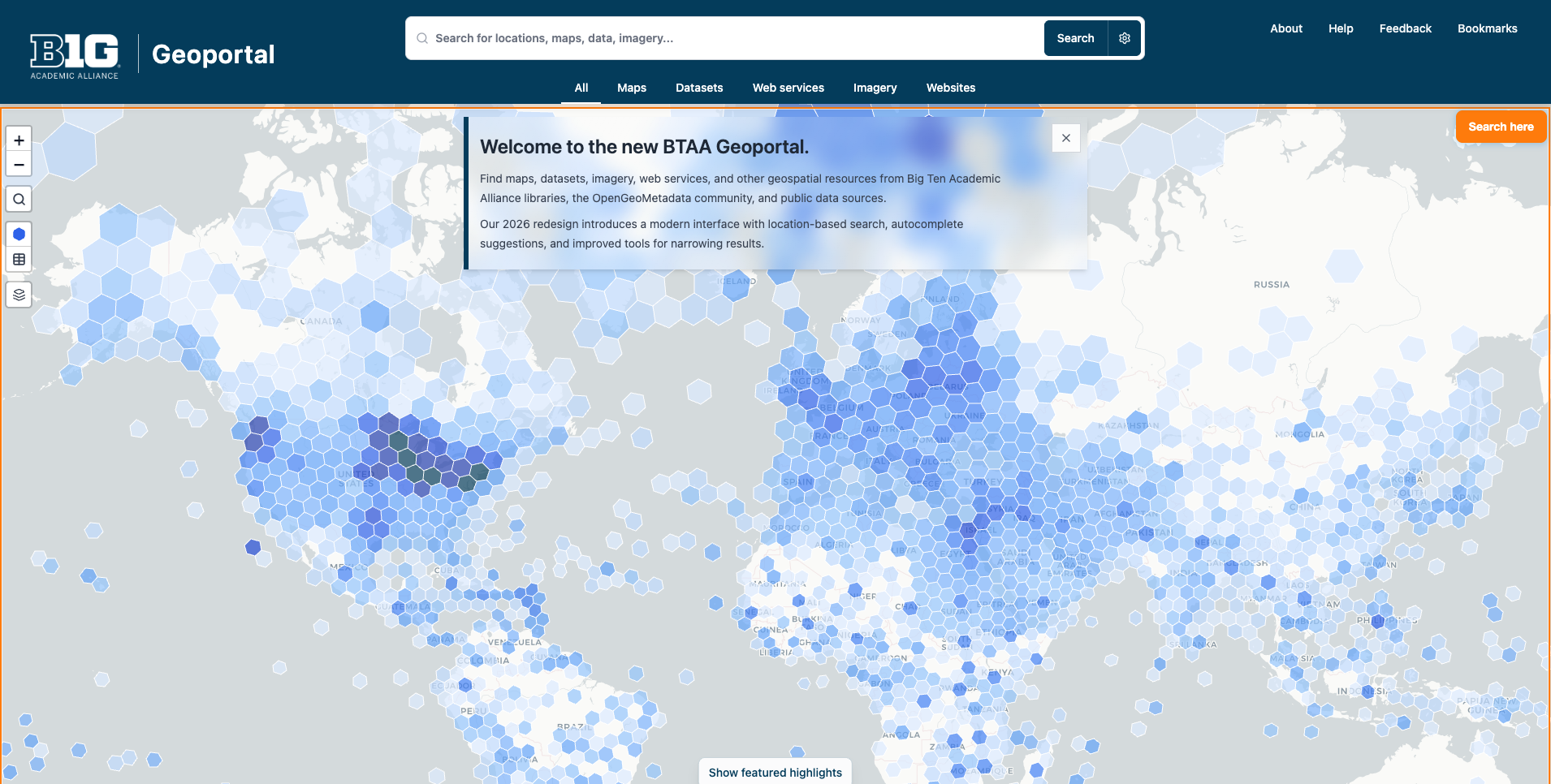 Newly redesigned BTAA Geoportal homepage as of June 2026