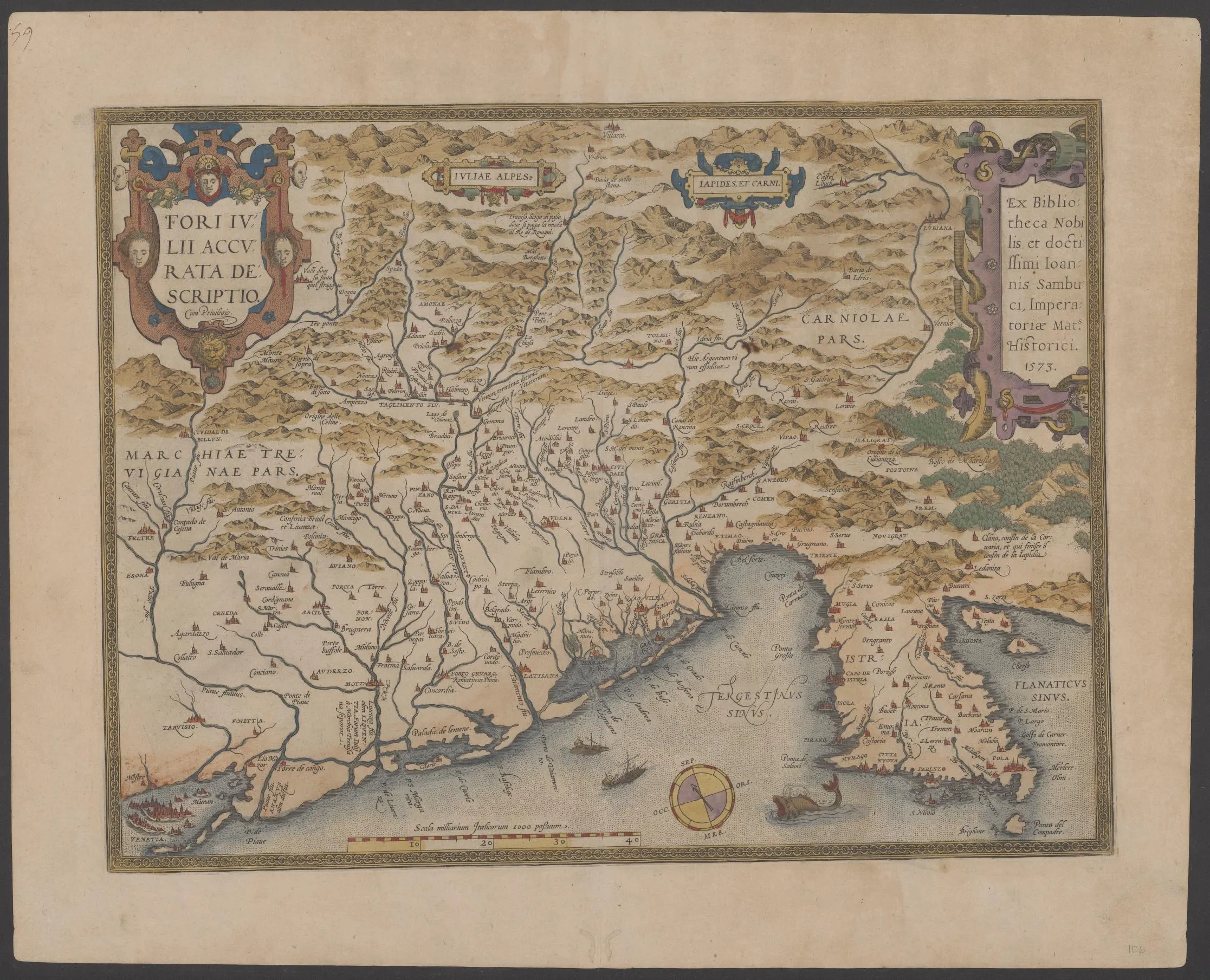 Abraham Ortelius & János Zsámboki, “Fori Julii Accurata Descriptio,”Antwerp: Christopher Plantin, 1579. colored map of the land bordering the top of the Adriatic Sea, oriented slightly to the northeast