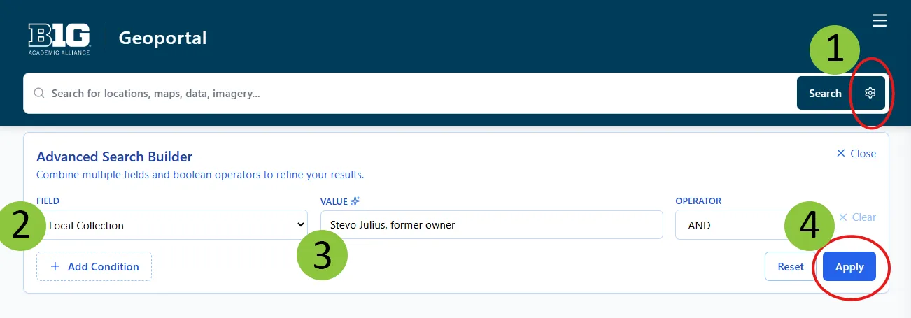 Screenshot of an advanced search for the Local Collection under “Stevo Julius”, with steps numbered Screenshot of an advanced search for the Local Collection under “Stevo Julius”, with steps numbered
