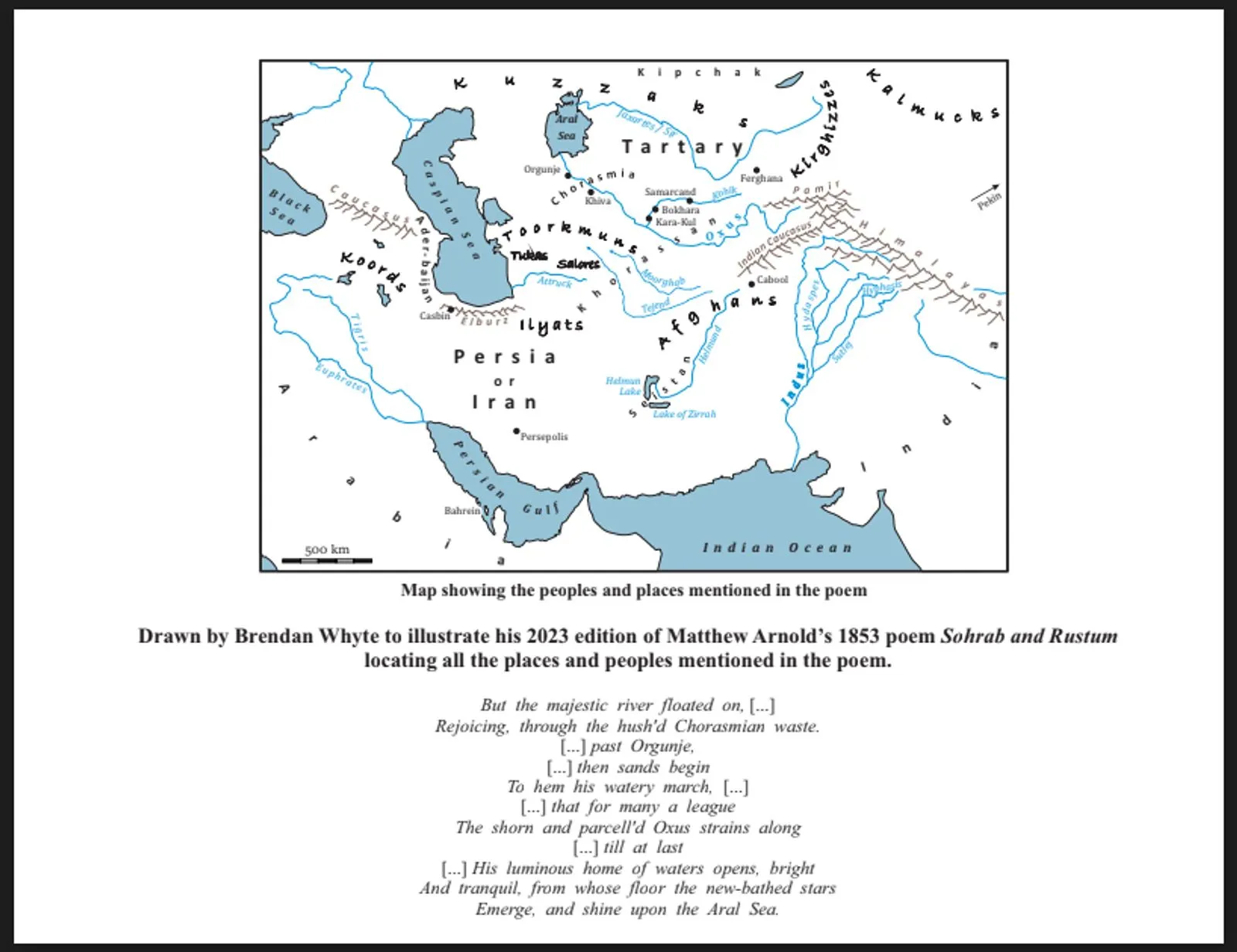 Map showing the peoples and places mentioned in Matthew Arnold's 1853 poem "Sohrab and Rustum"