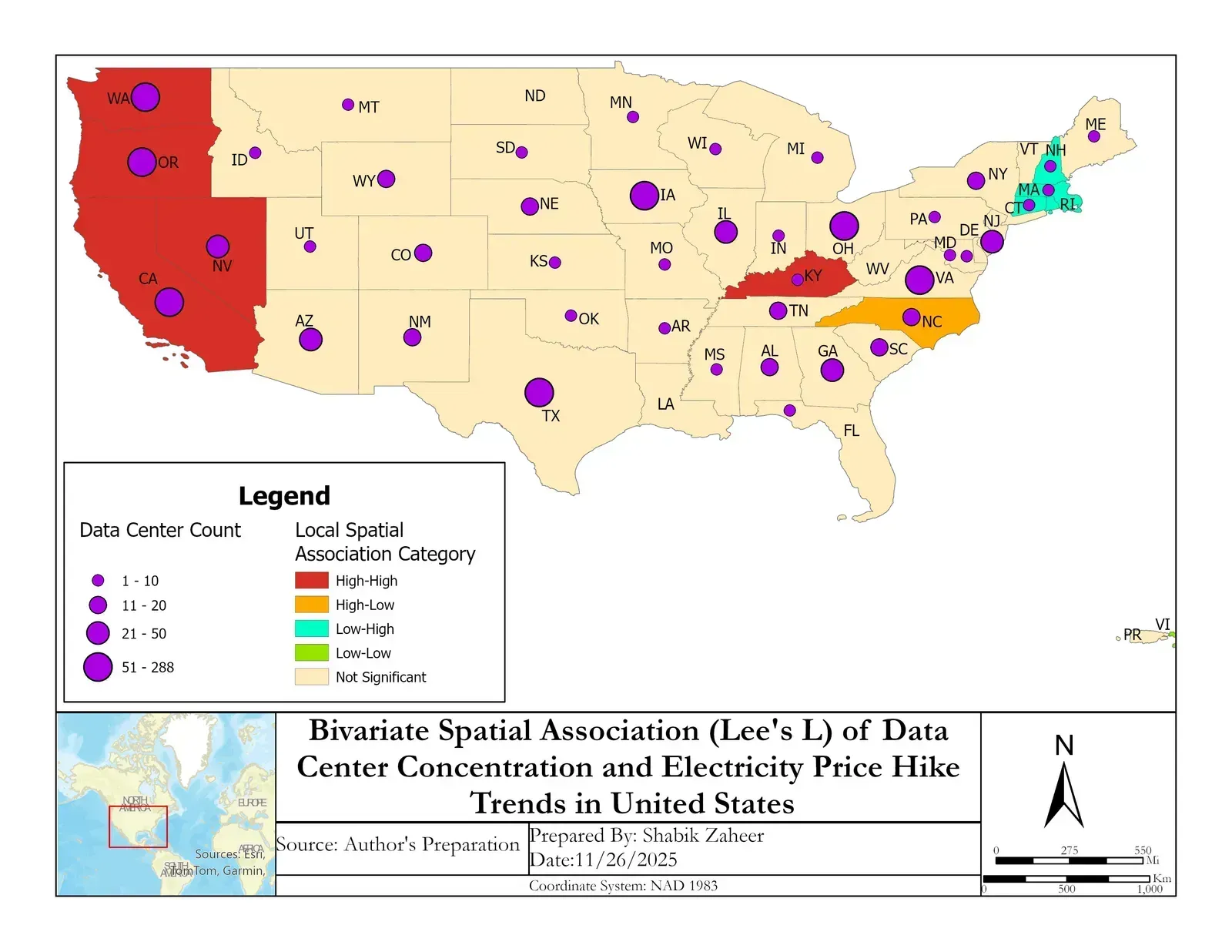 Bivariate Spatial Association (Lee's L) of Data Center Concentration and Electricity Price Hike Trends in United States