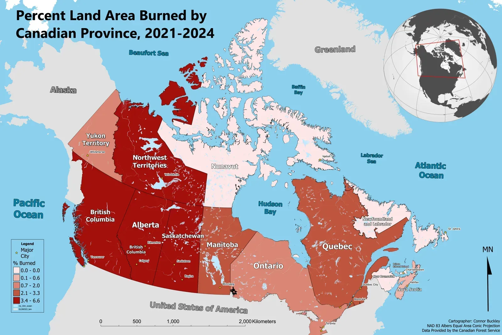 Percent Land Area Burned by Canadian Province. 2021-2024